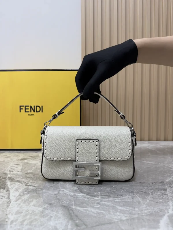 FENDI White Stitched Detail Baguette Shoulder Bag image 1