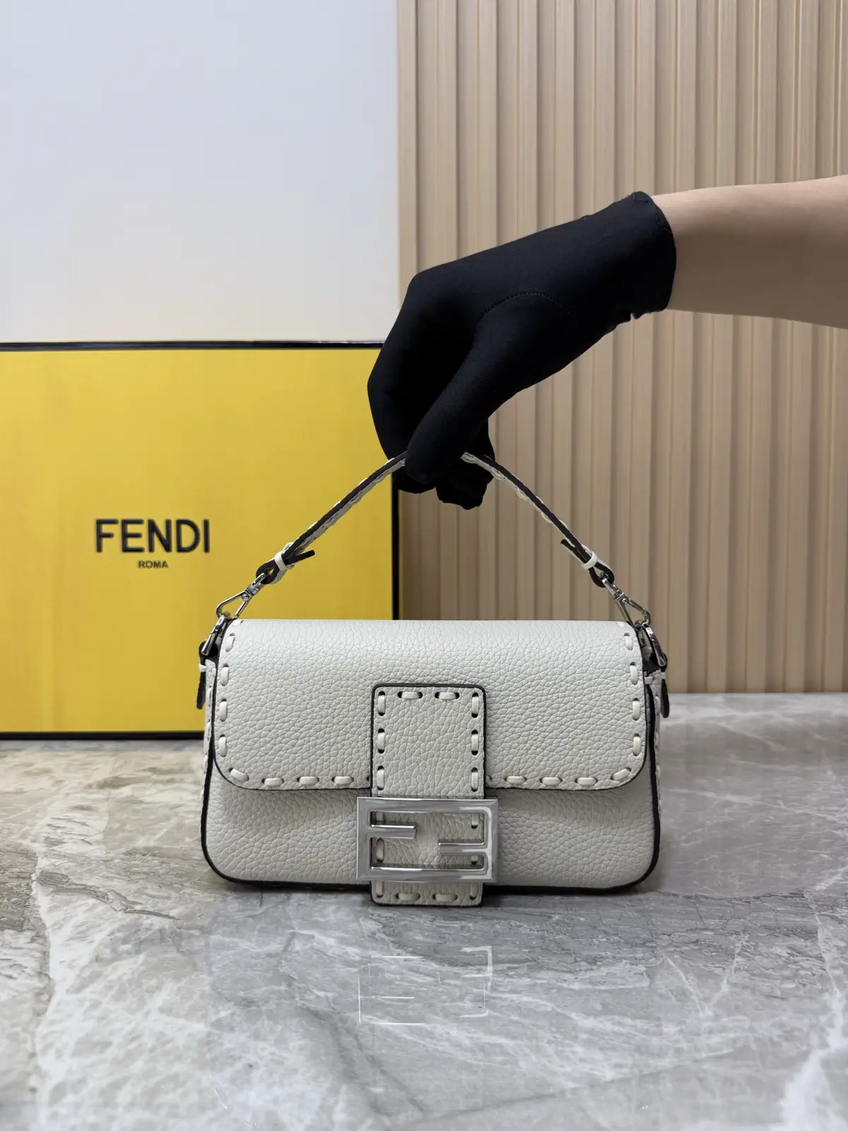 FENDI White Stitched Detail Baguette Shoulder Bag image 1