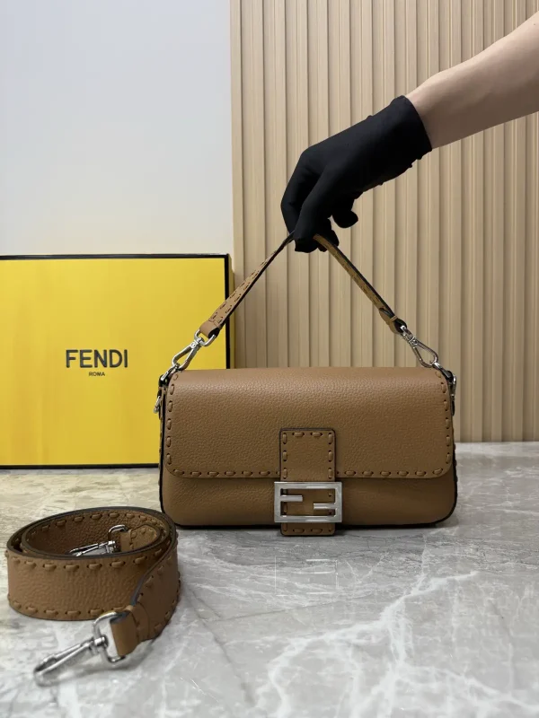 FENDI Brown Baguette Shoulder Bag with Stitching Details image 1