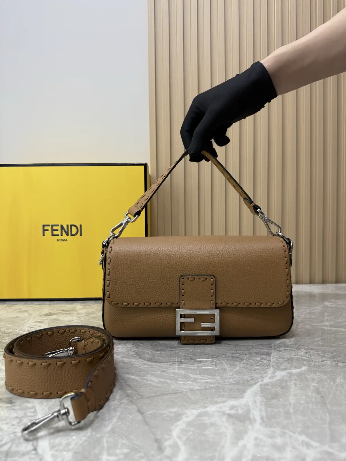 FENDI Brown Baguette Shoulder Bag with Stitching Details image 1