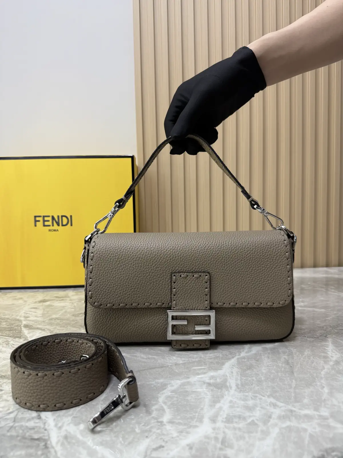FENDI Taupe Baguette Shoulder Bag with Stitching Detail image 1