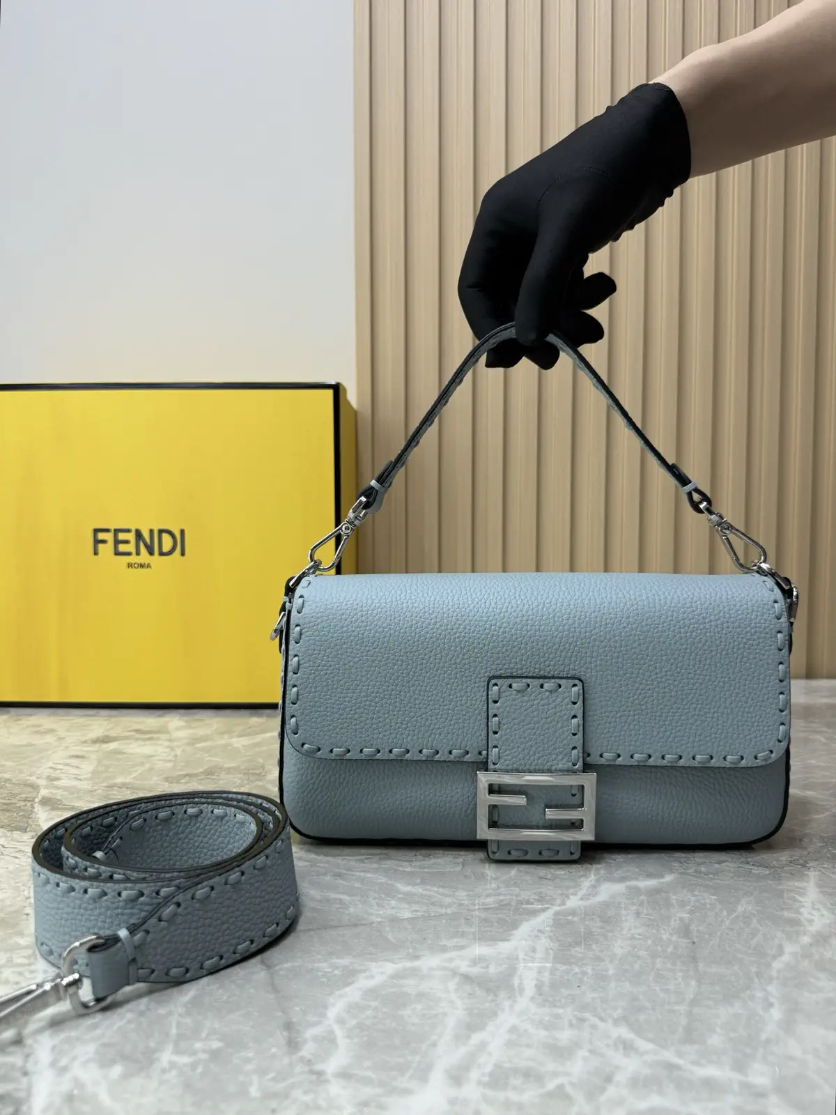 FENDI Light Blue Baguette Shoulder Bag image 1