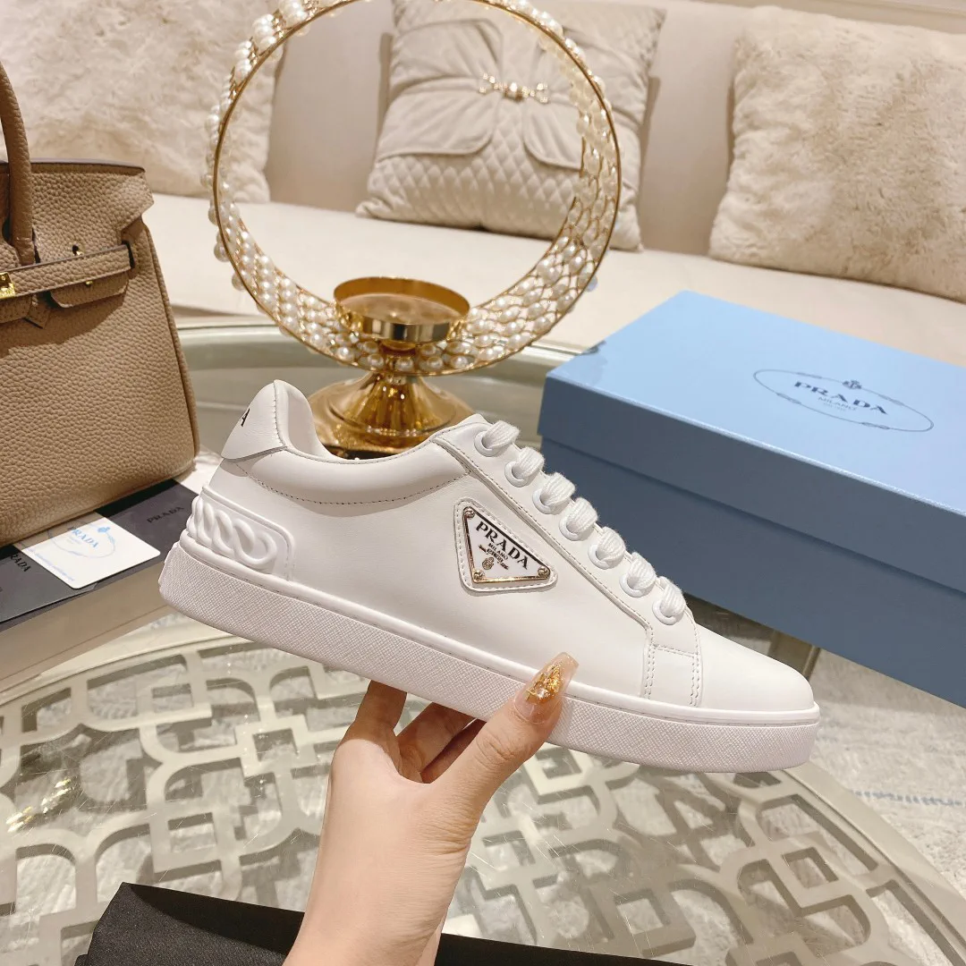 New Metal Logo Lace-Up White Leather Sneakers image 1