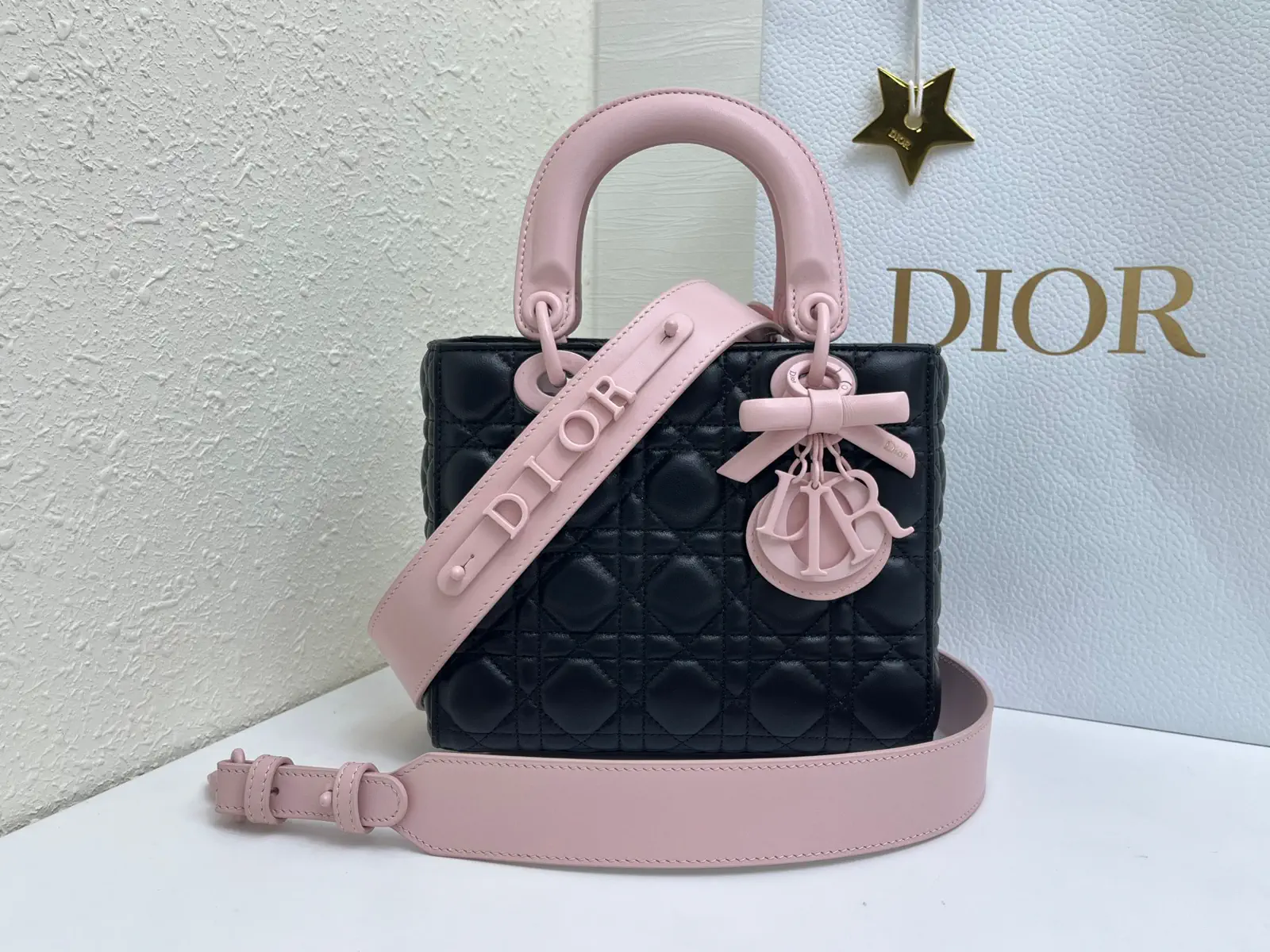 Dior Black Quilted Top Handle Bag with Pink Accents image 1