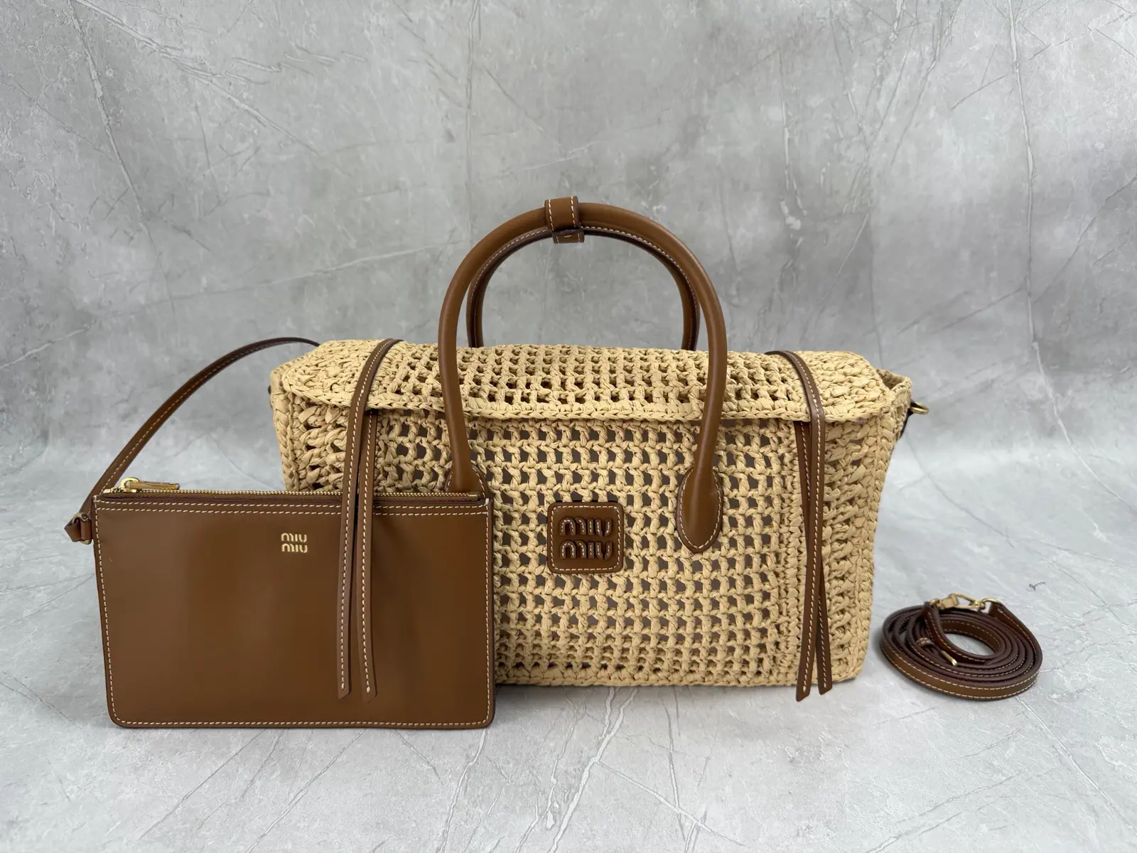 Miu Miu Beige Woven Top Handle Bag with Brown Leather Trim image 1
