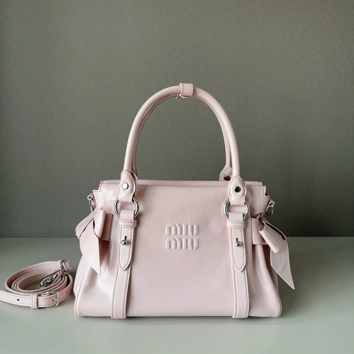 Miu Miu Light Pink Bow Detail Top Handle Bag image 1