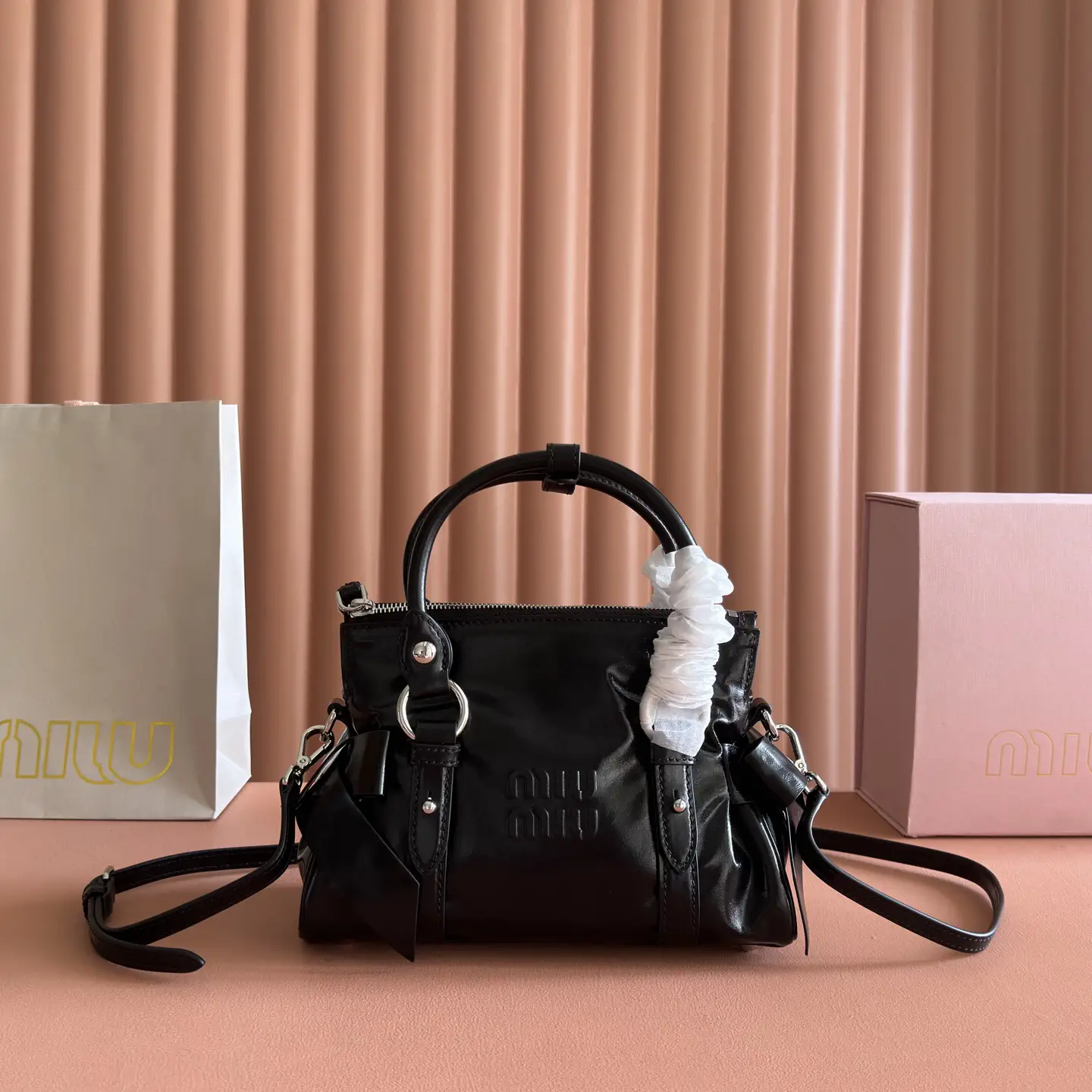 Miu Miu Black Bow Detail Top Handle Bag with Crossbody Strap image 1