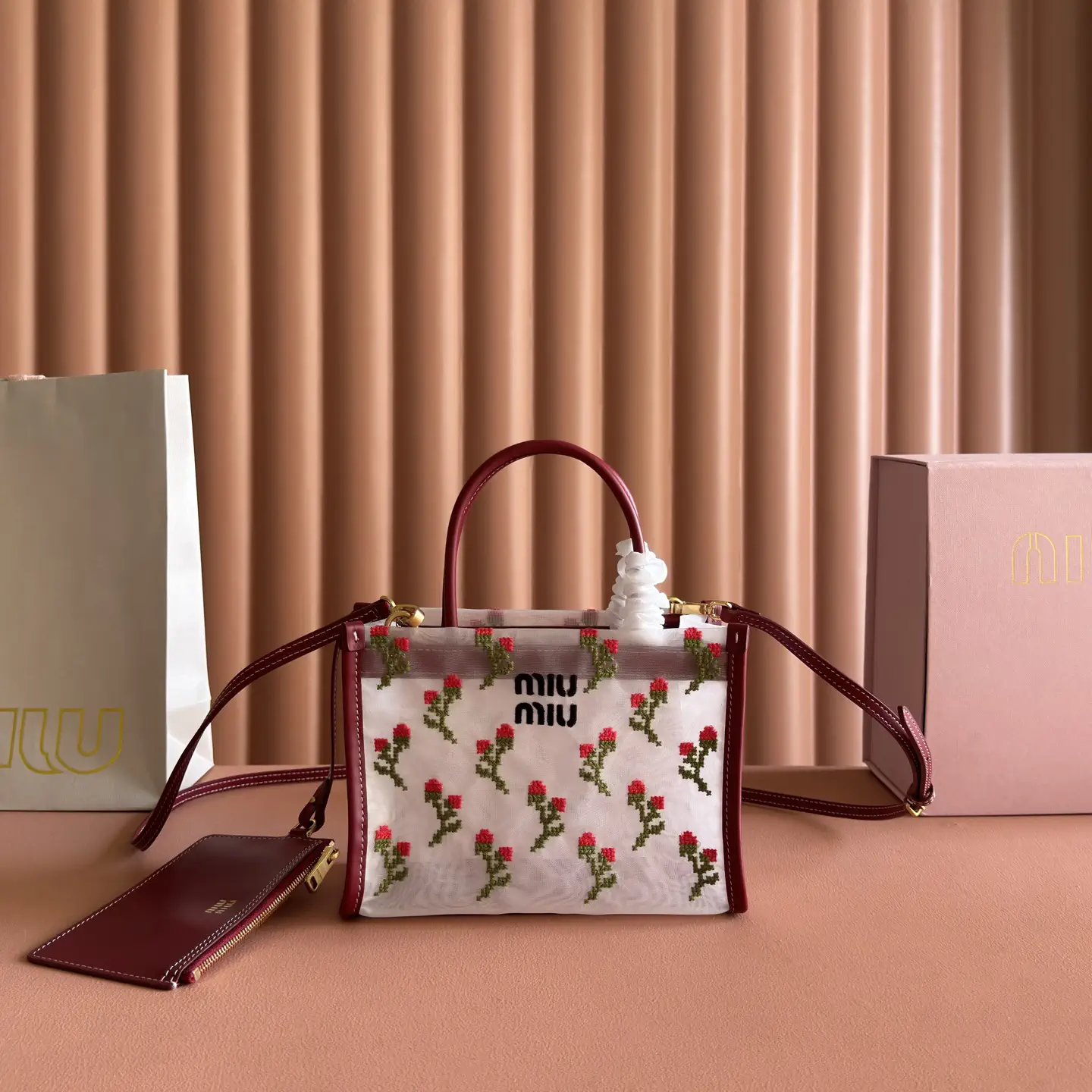 Miu Miu Floral Embroidered Mesh Mini Tote Bag image 1