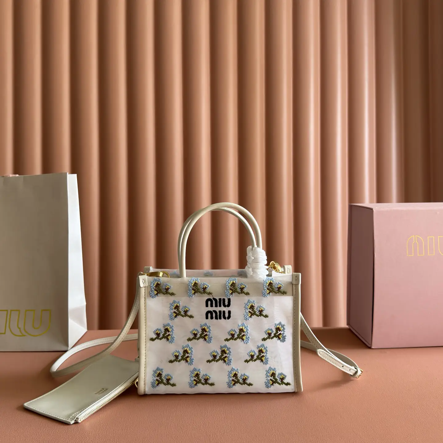 Miu Miu Floral Embroidered Mesh Mini Tote Bag image 1