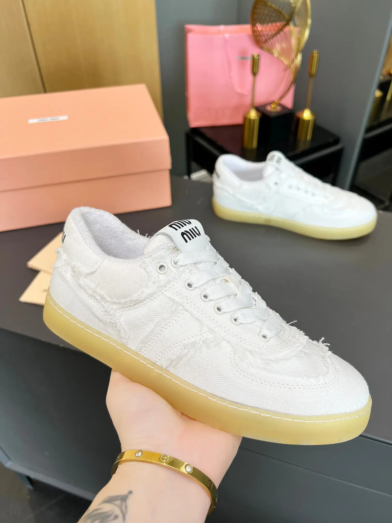 Miu Miu Vintage Distressed Fringed Canvas Sneakers image 1