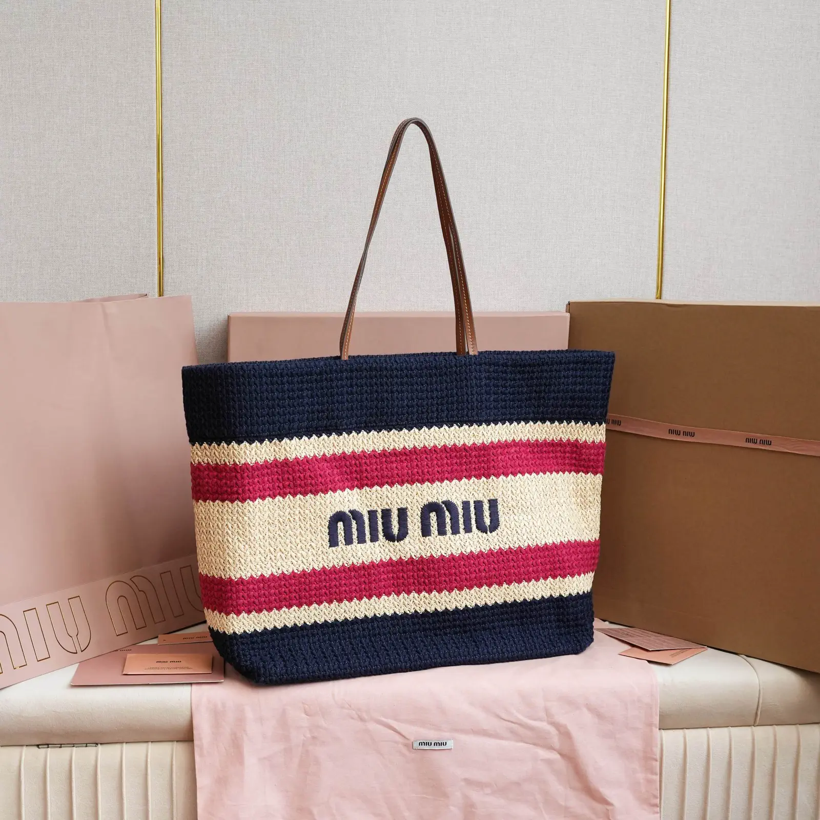 Miu Miu Striped Embroidered Logo Tote Bag image 1