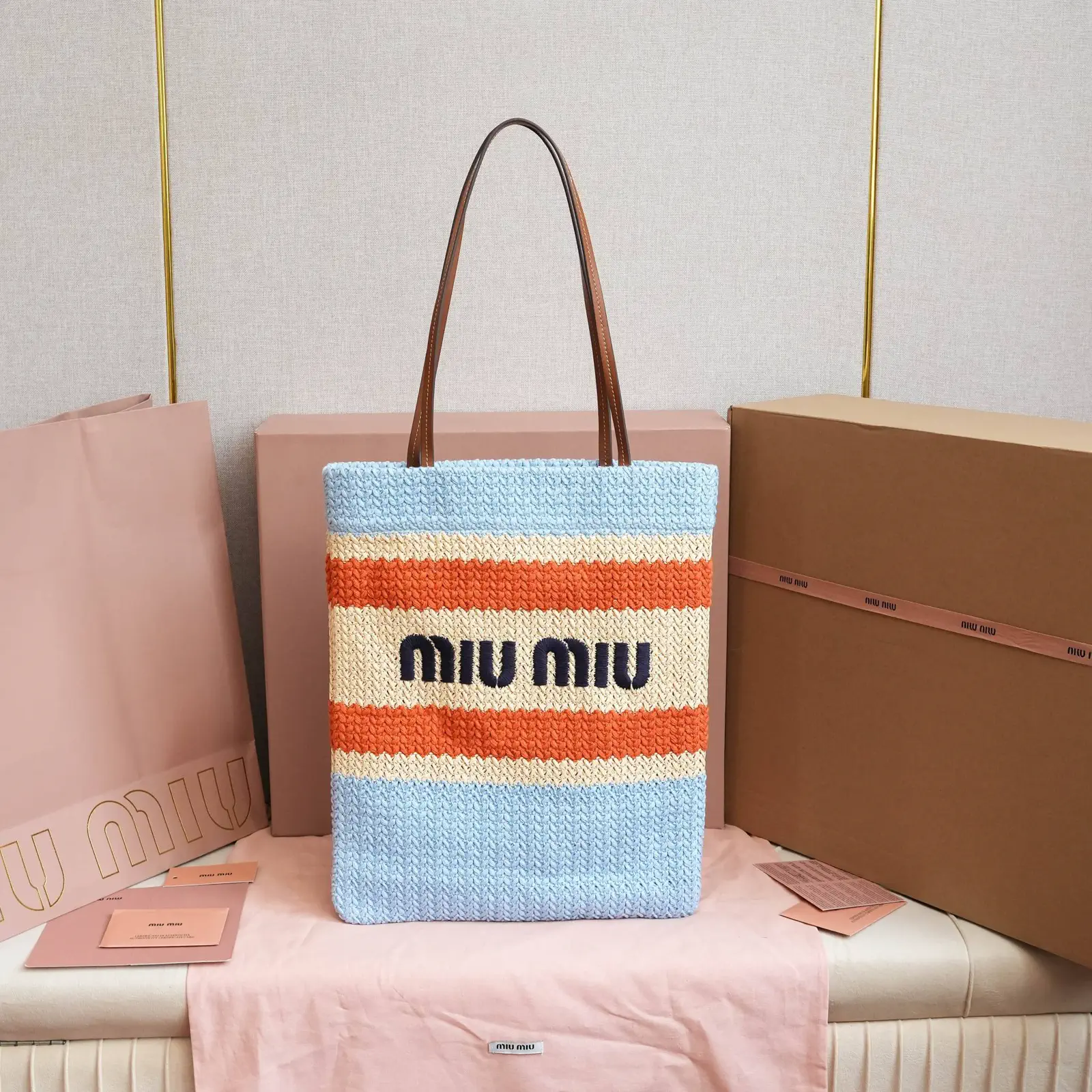 Miu Miu Striped Embroidered Tote Bag image 1
