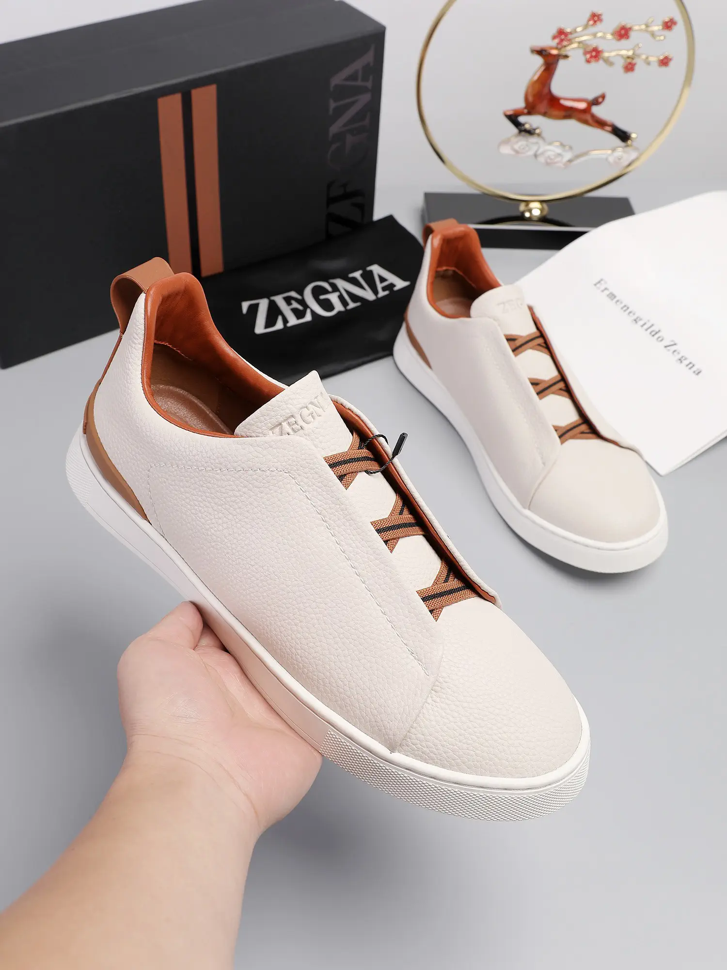Men's Low-Top Leather Sneakers with Triple Cross Elastic Laces image 1