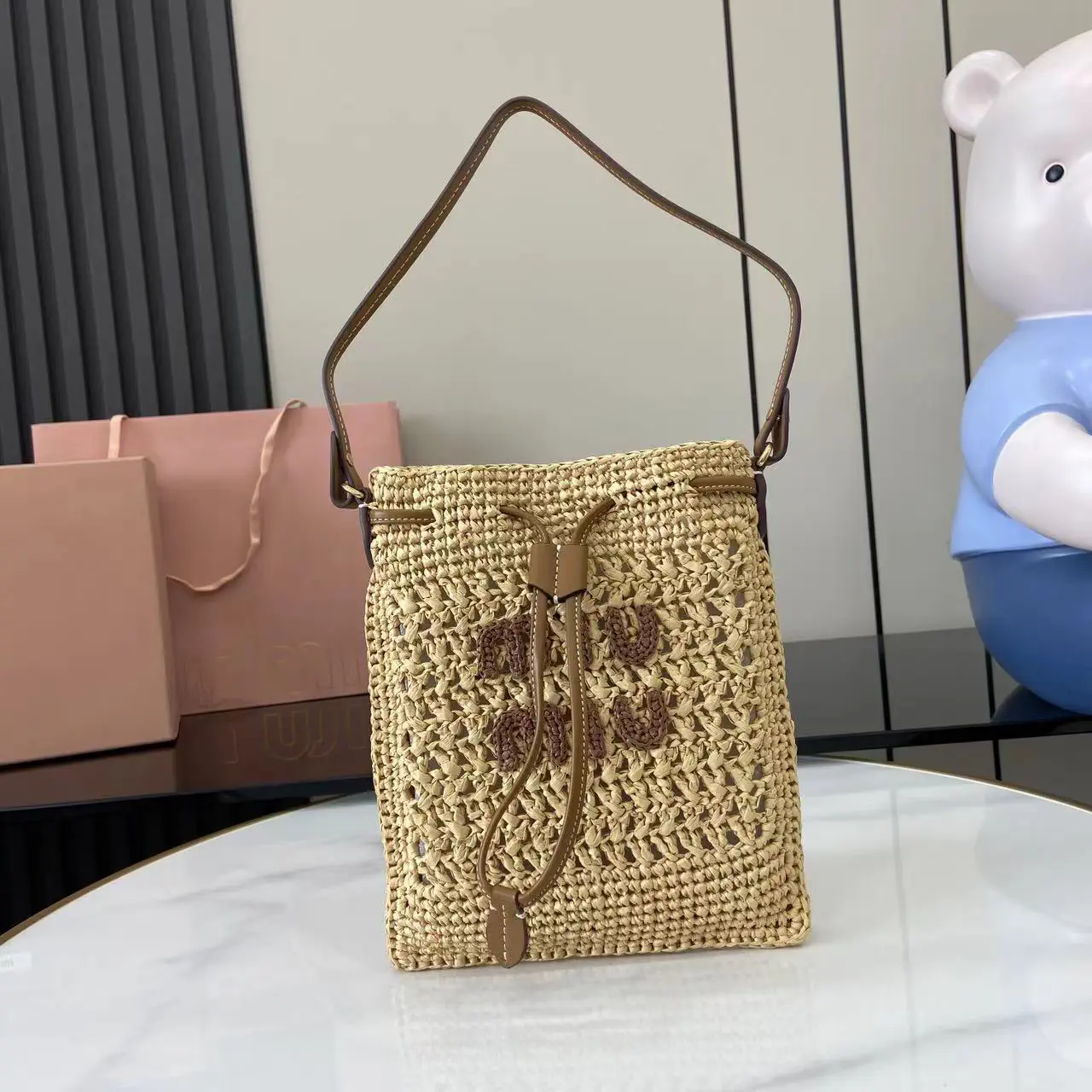 Miu Miu Woven Straw Bucket Bag with Leather Strap image 1