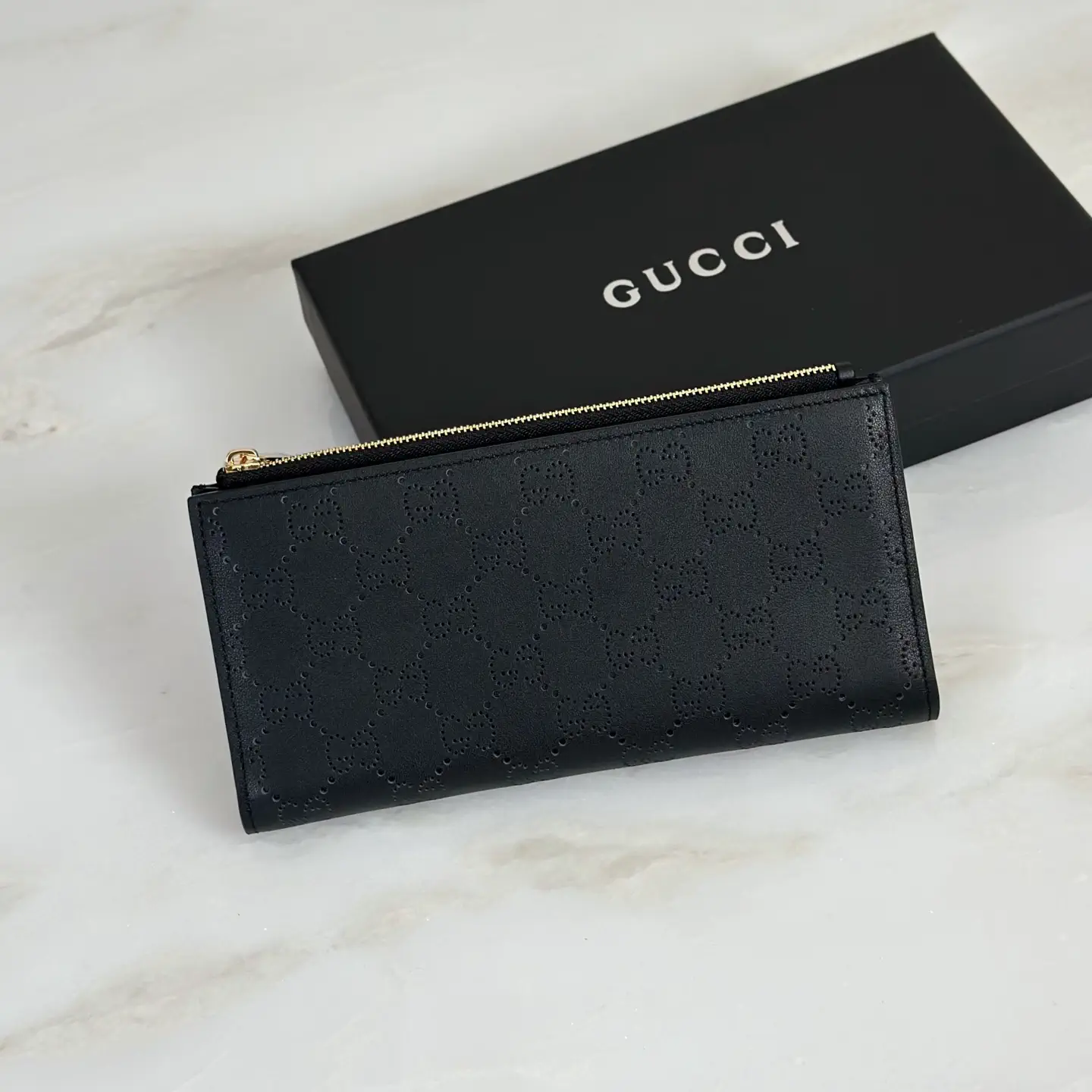 Gucci Black Perforated Monogram Wallet image 1