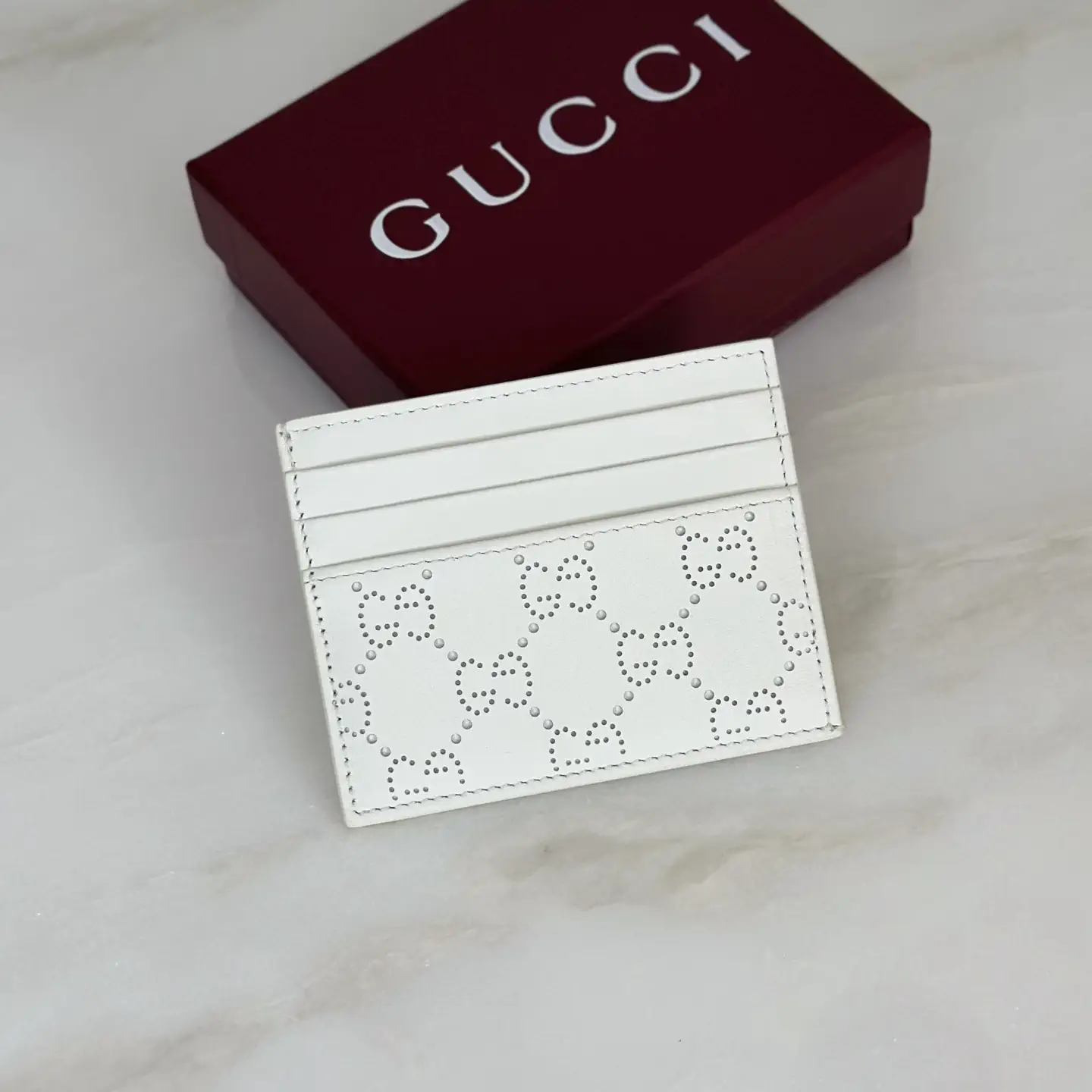 Gucci White Perforated Monogram Card Holder image 1