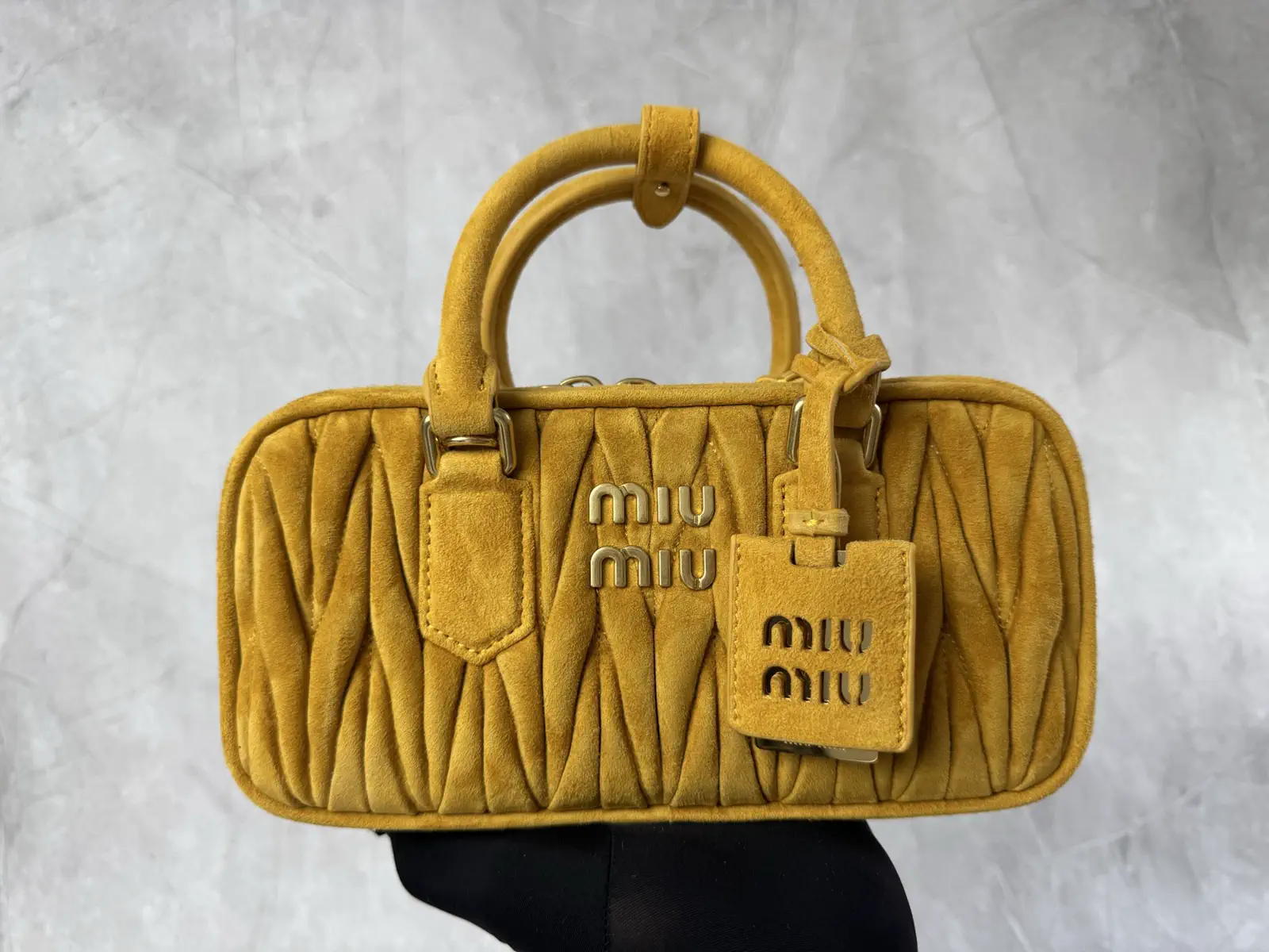 Miu Miu Yellow Quilted Suede Top Handle Bag image 1