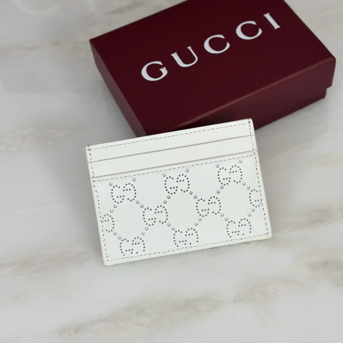 Gucci White Perforated Monogram Card Holder image 1