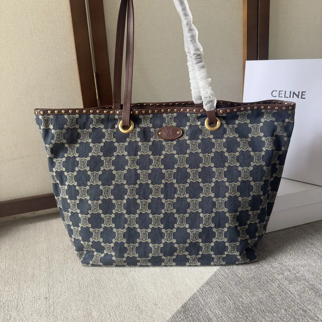 CELINE Denim Monogram Tote Bag with Brown Trim image 1