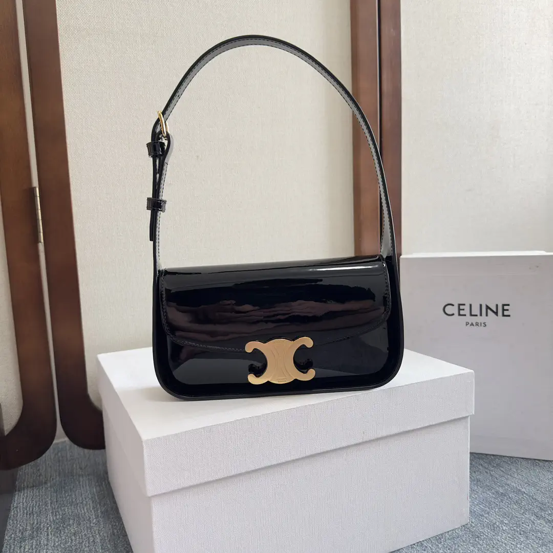 CELINE Black Patent Leather Shoulder Bag with Triomphe Logo image 1