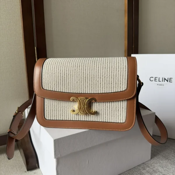 CELINE Triomphe Striped Canvas Shoulder Bag with Leather Trim image 1