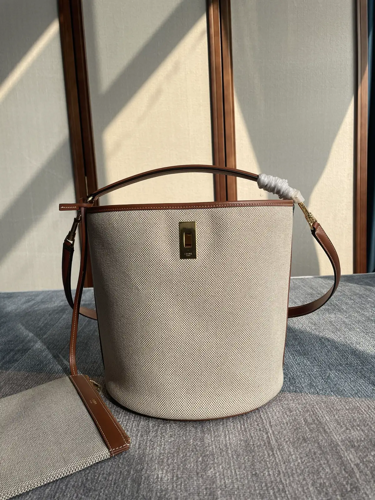 CELINE Beige Canvas Bucket Bag with Leather Trim image 1