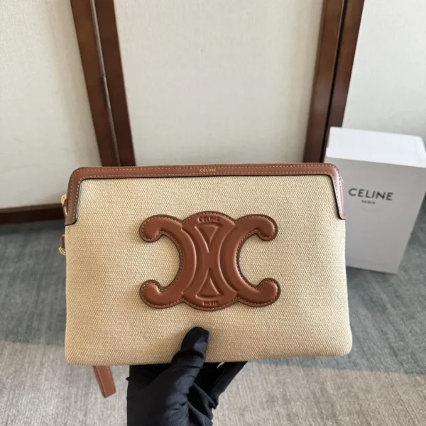 CELINE Beige Canvas Clutch with Brown Leather Trim image 1