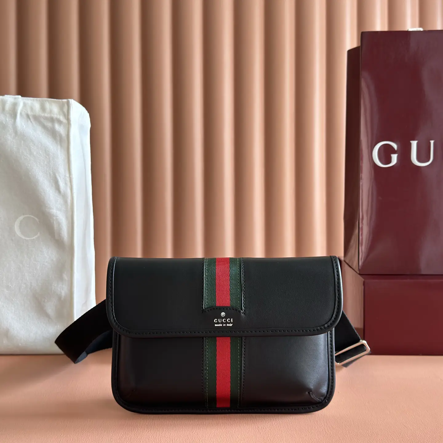 Gucci Black Leather Belt Bag with Web Stripe Detail image 1