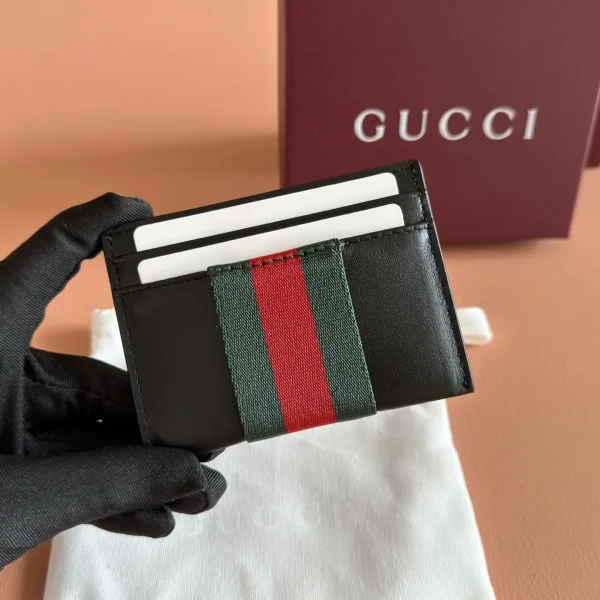 Gucci Black Leather Card Holder with Web Stripe image 1