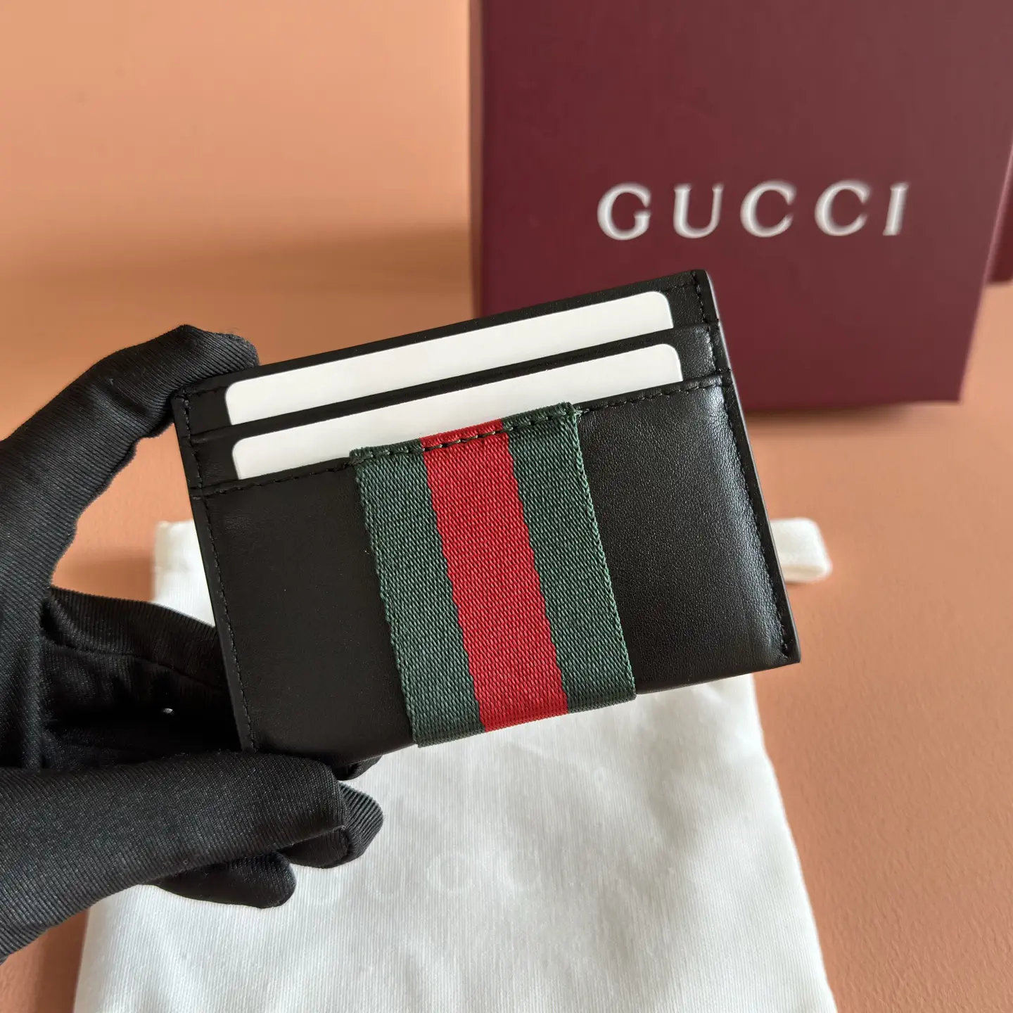 Gucci Black Leather Card Holder with Web Stripe image 1