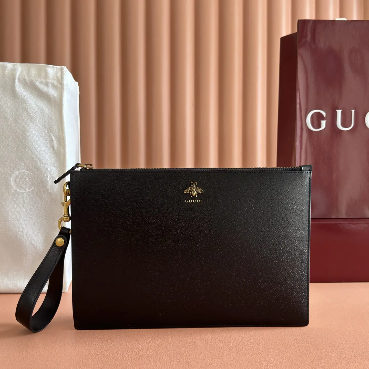 Gucci Black Leather Clutch with Bee Logo image 1