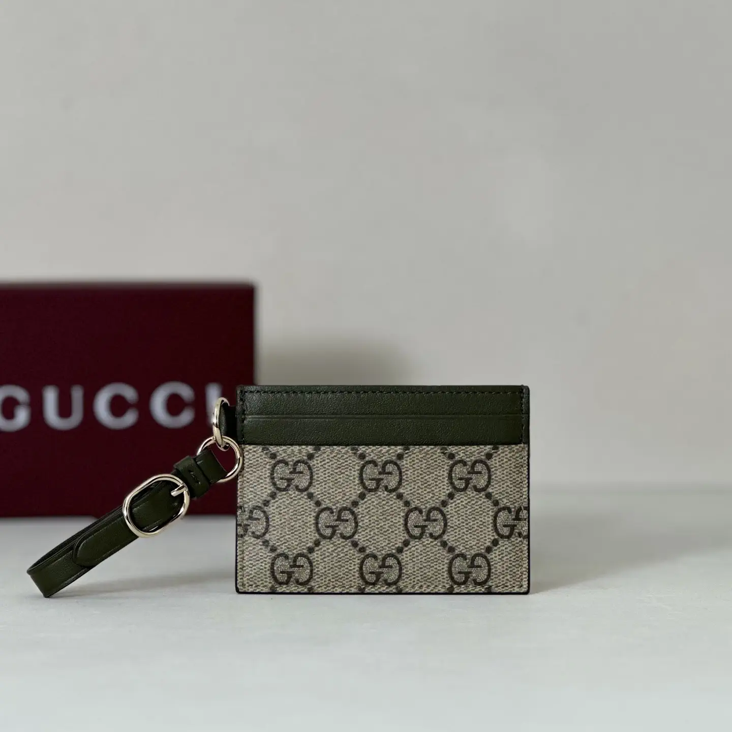Gucci Monogram Card Holder with Dark Green Trim image 1
