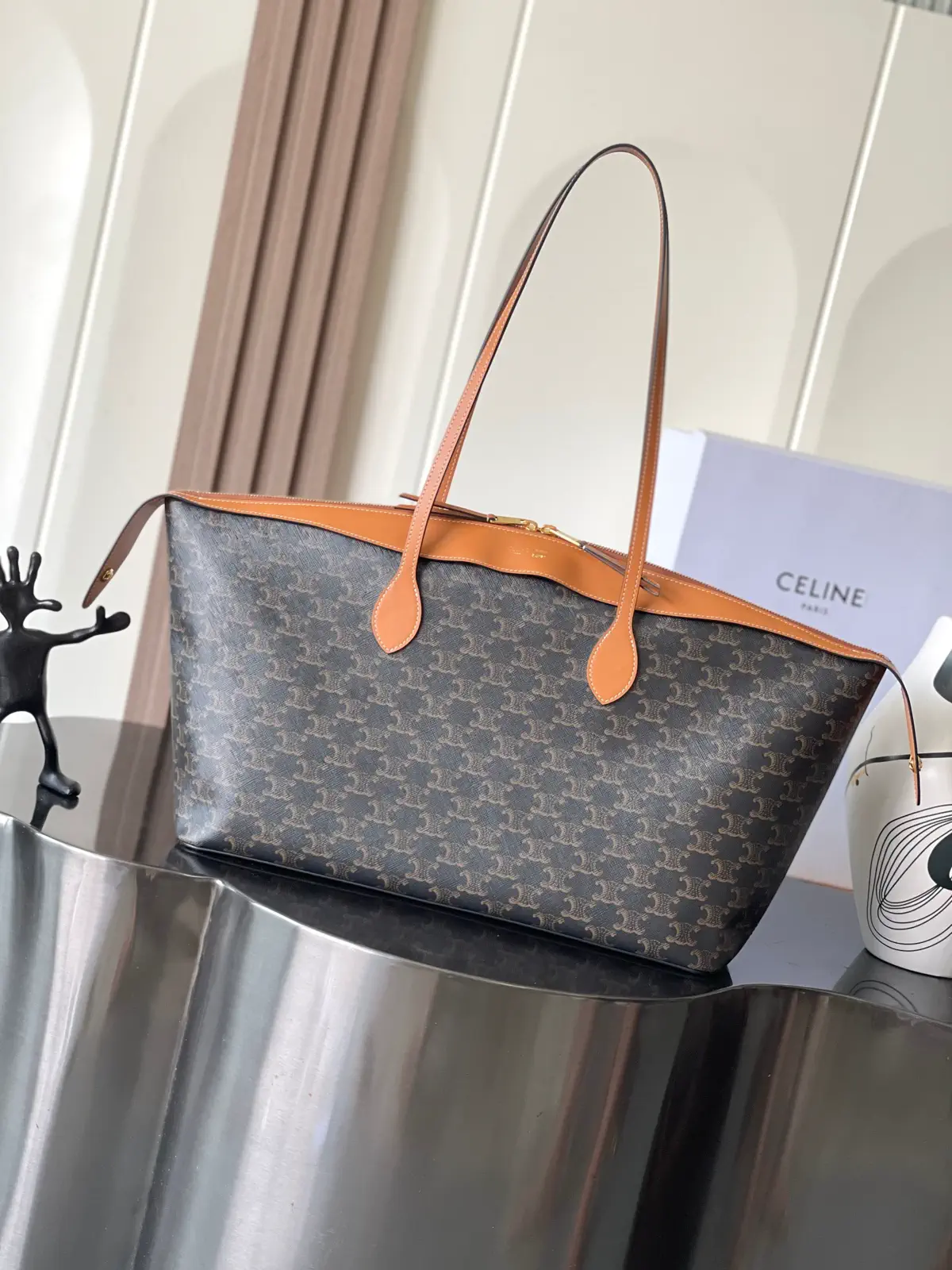 CELINE Monogram Tote Bag with Tan Leather Trim image 1