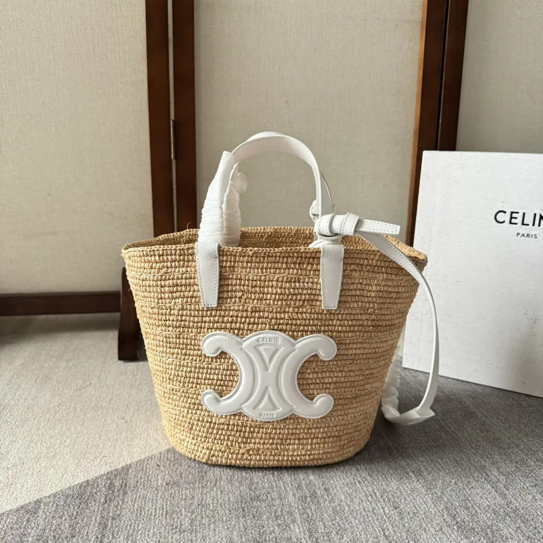 CELINE Teen Straw Bucket Bag with Leather Trim image 1