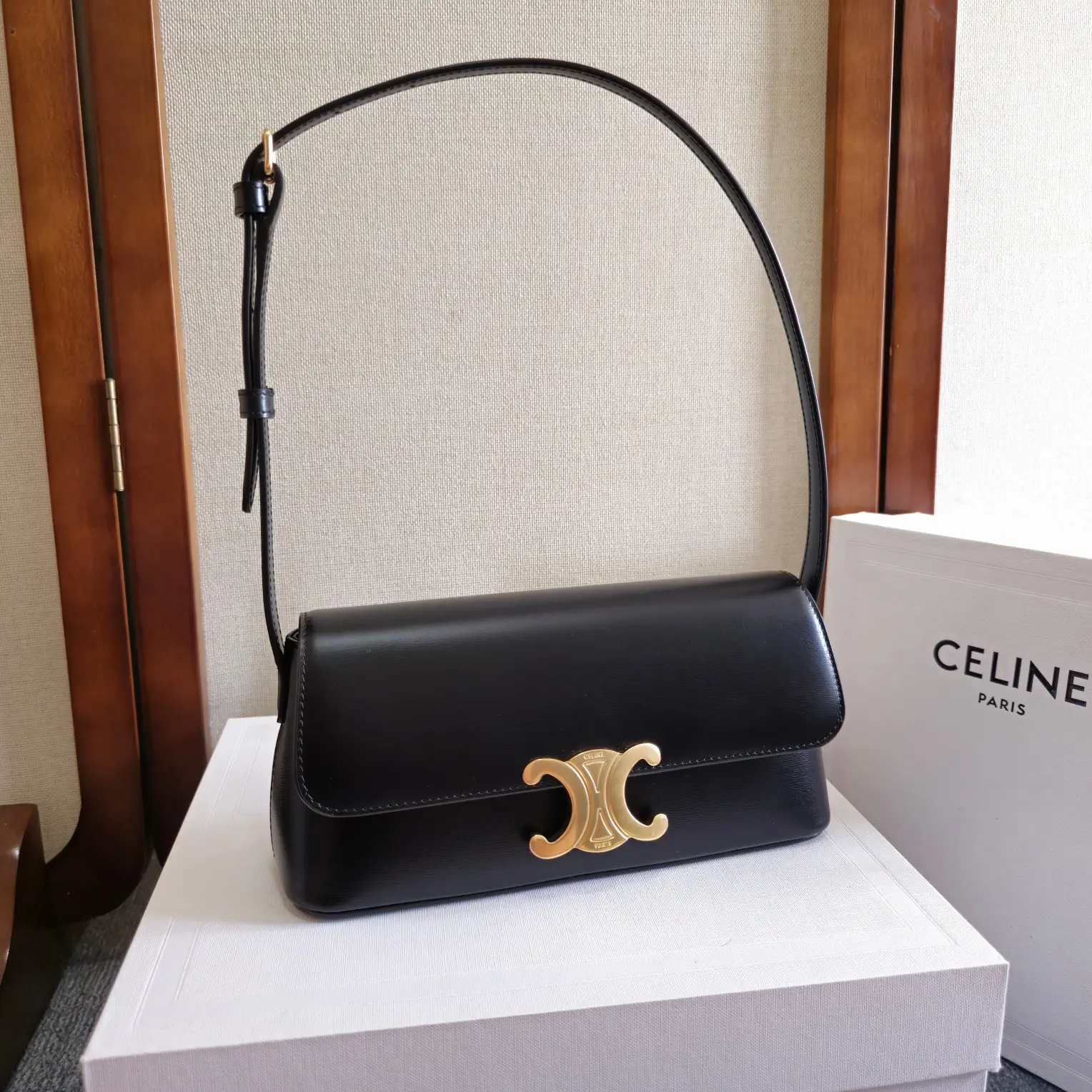 CELINE Black Leather Shoulder Bag with Triomphe Clasp image 1