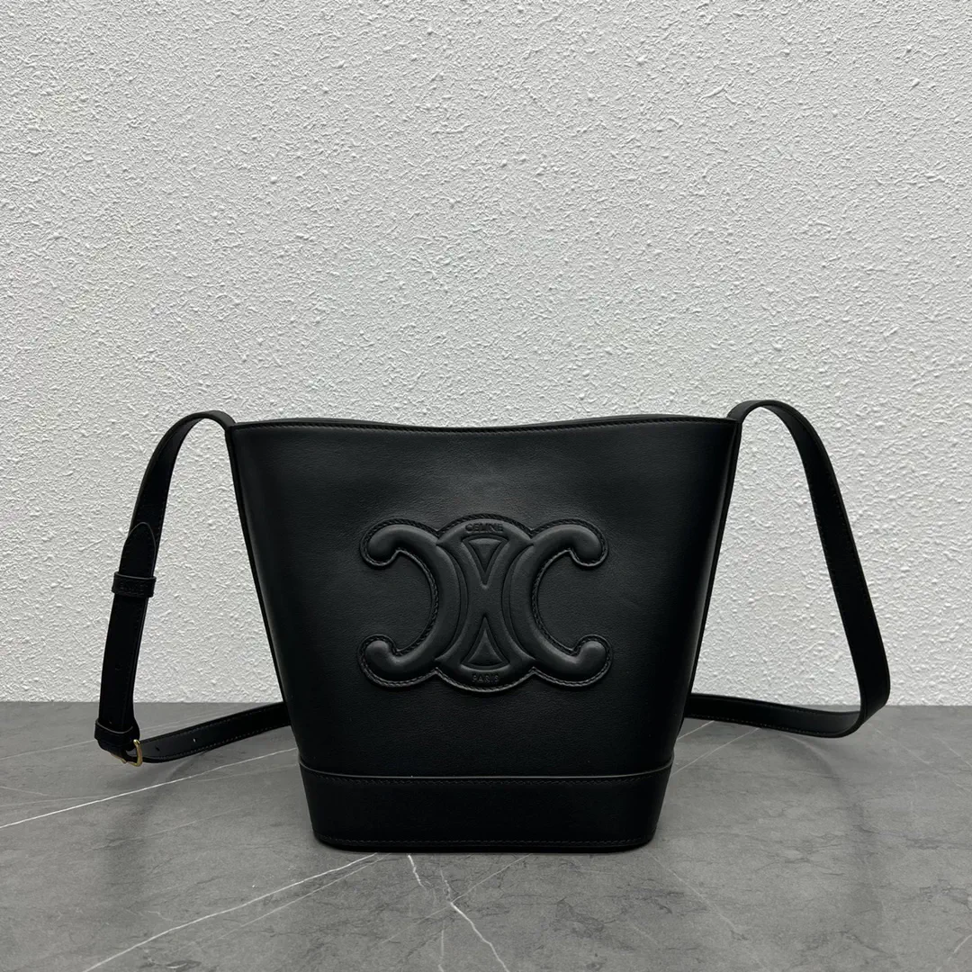 CELINE Black Leather Bucket Bag with Triomphe Logo image 1