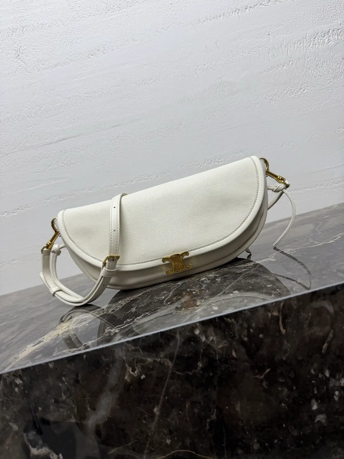 CELINE White Leather Halfmoon Shoulder Bag image 1