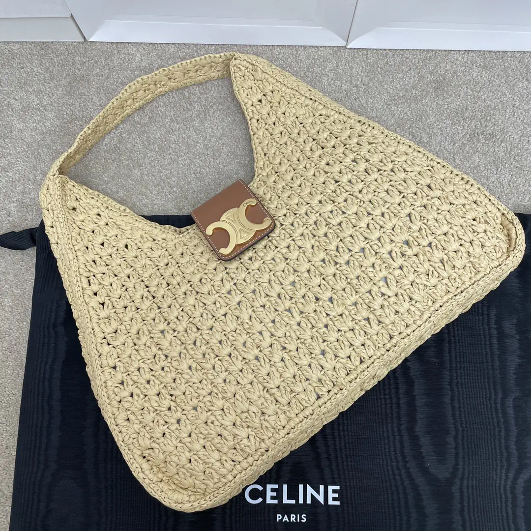 CELINE Woven Straw Triangular Shoulder Bag with Leather Flap image 1