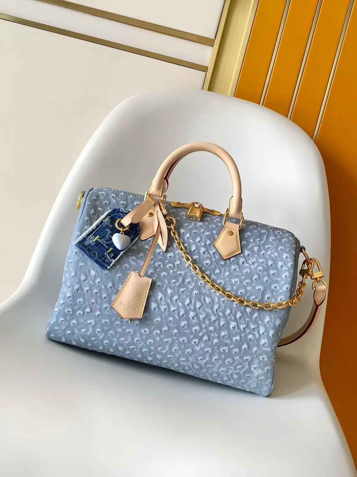 Louis Vuitton Light Blue Ostrich Pattern Speedy Soft 30 Boho Top Handle Bag image 1