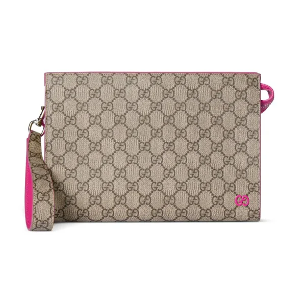 Gucci GG Supreme Canvas Clutch with Pink Leather Trim image 1