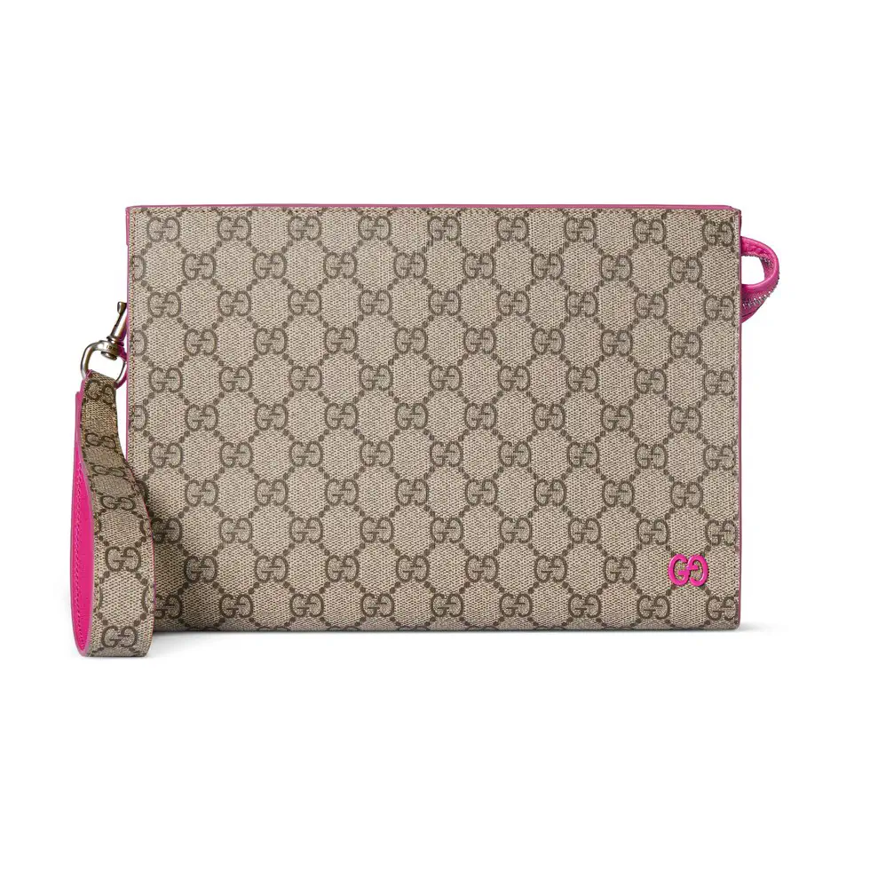 Gucci GG Supreme Canvas Clutch with Pink Leather Trim image 1