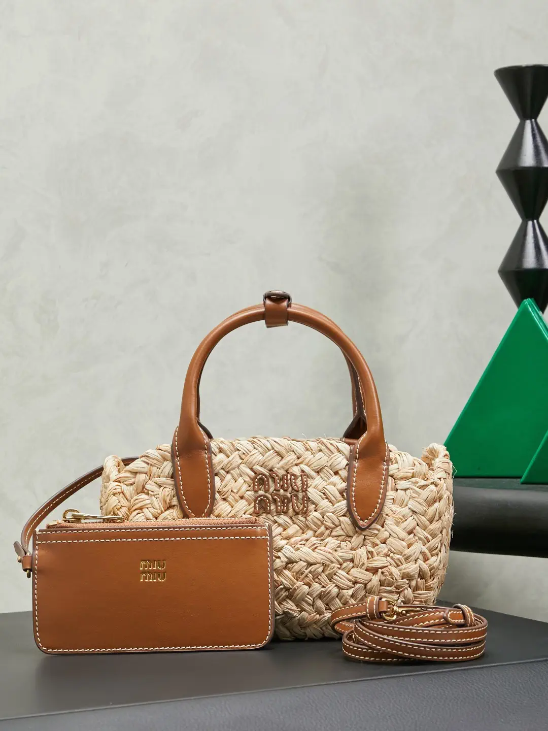 Miu Miu Woven Straw Top Handle Bag with Detachable Card Holder image 1