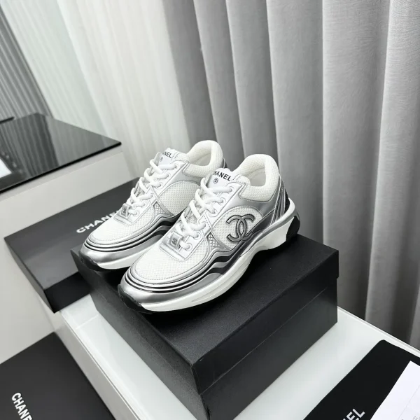 CHANEL Unisex Casual Sneakers with Silver and White Upper image 1