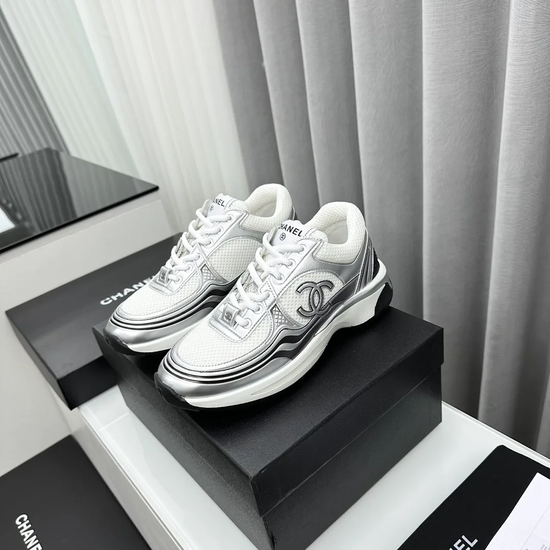 CHANEL Unisex Casual Sneakers with Silver and White Upper image 1