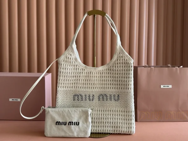 Miu Miu Ivory Crochet Tote Bag with Detachable Canvas Pouch image 1