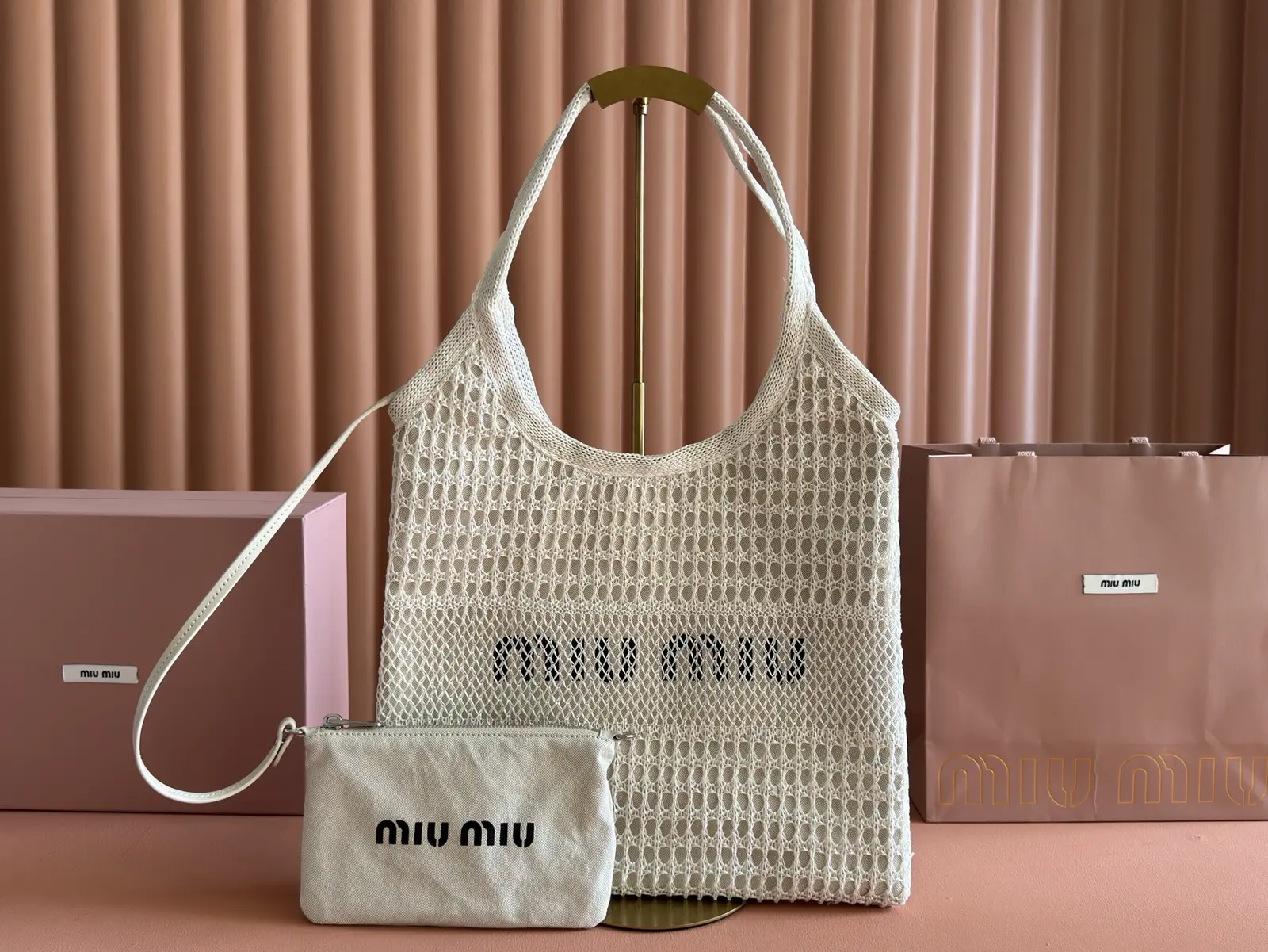 Miu Miu Ivory Crochet Tote Bag with Detachable Canvas Pouch image 1