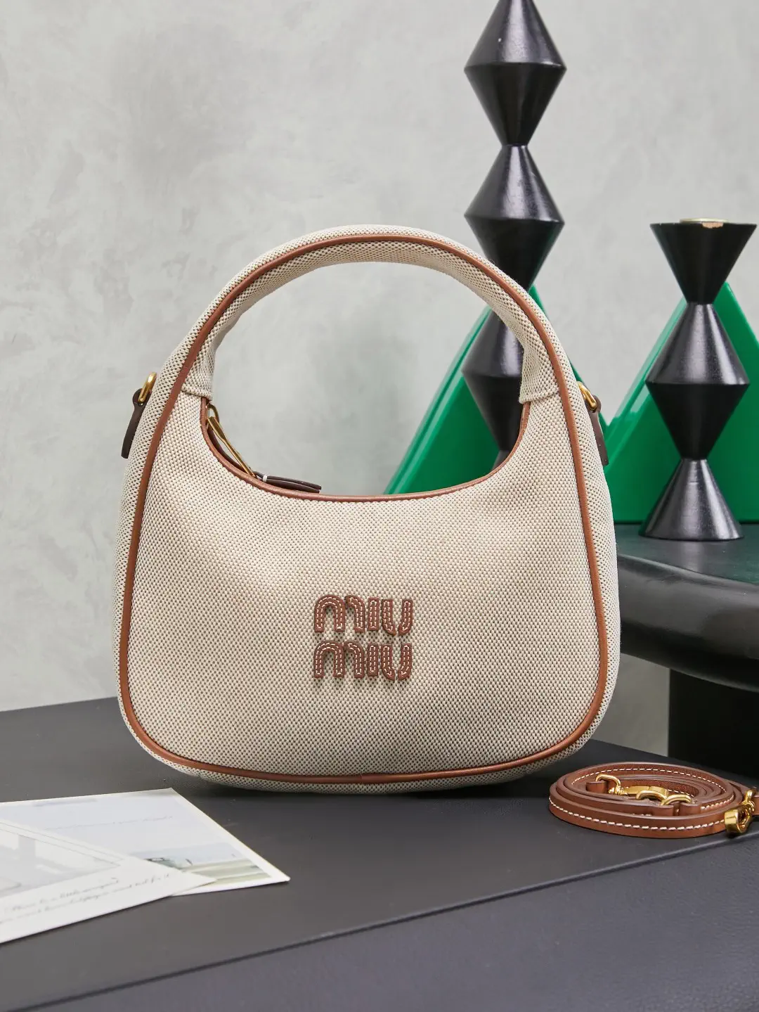 Miu Miu Beige Canvas Top Handle Bag with Brown Trim image 1