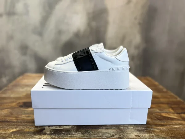 White Platform Sneakers with Black Studded Strap image 1