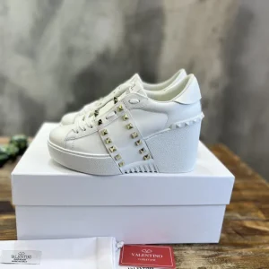 White Studded Wedge Platform Sneakers image 1