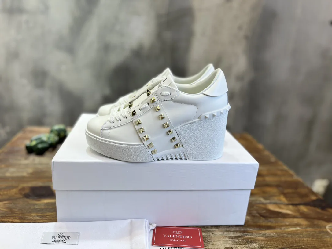 White Studded Wedge Platform Sneakers image 1